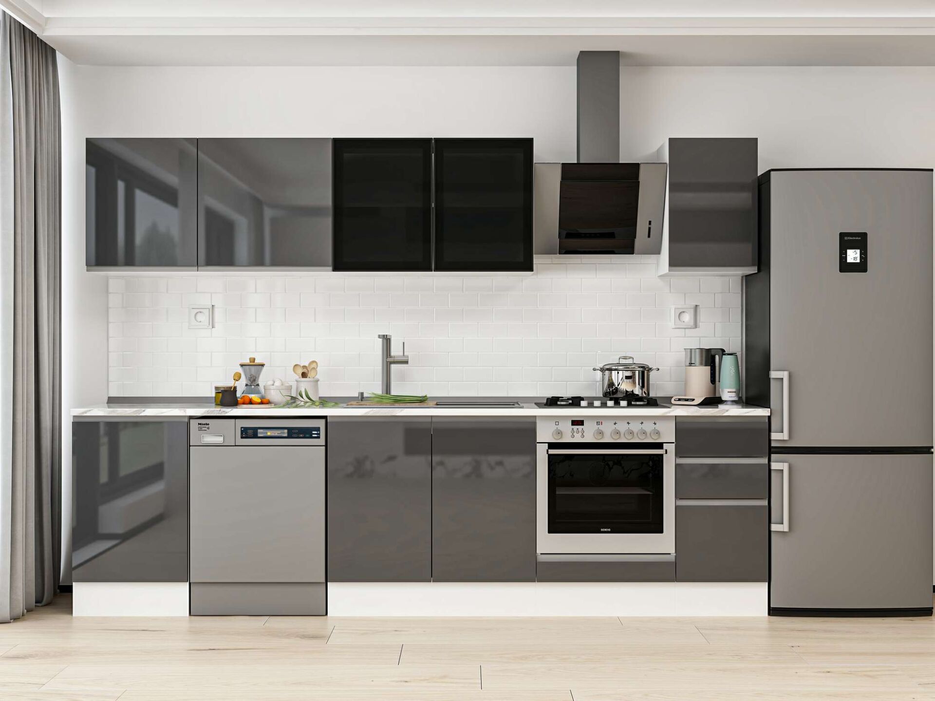 Alvinka 290X210 Cm High Gloss Mutfak Dolabı M-E80S50S40-3 High Gloss | Antrasit - Suntalam