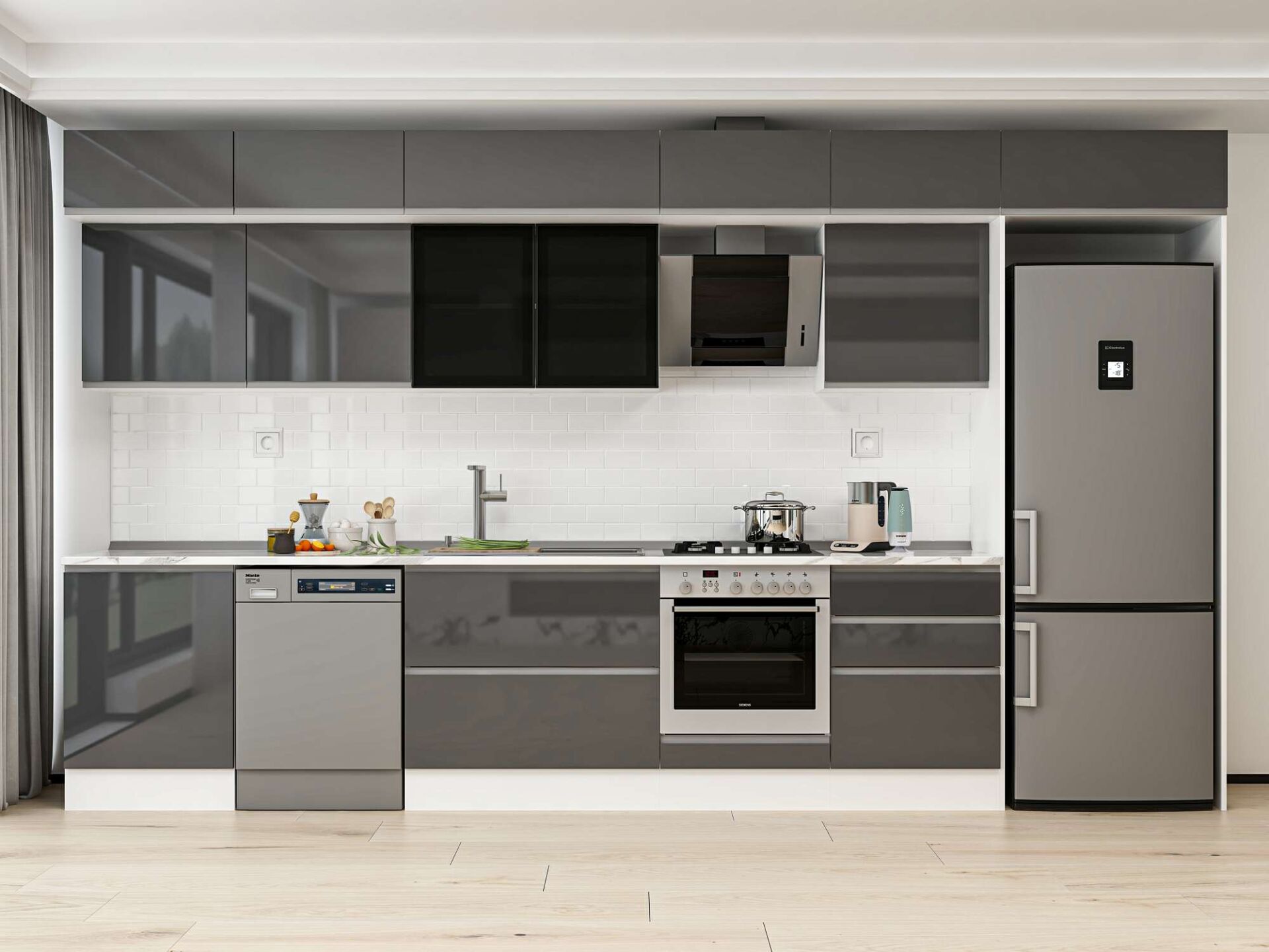 Alvinka 410X240 Cm High Gloss Mutfak Dolabı Mb-E90S60S60-3 High Gloss | Antrasit - Suntalam