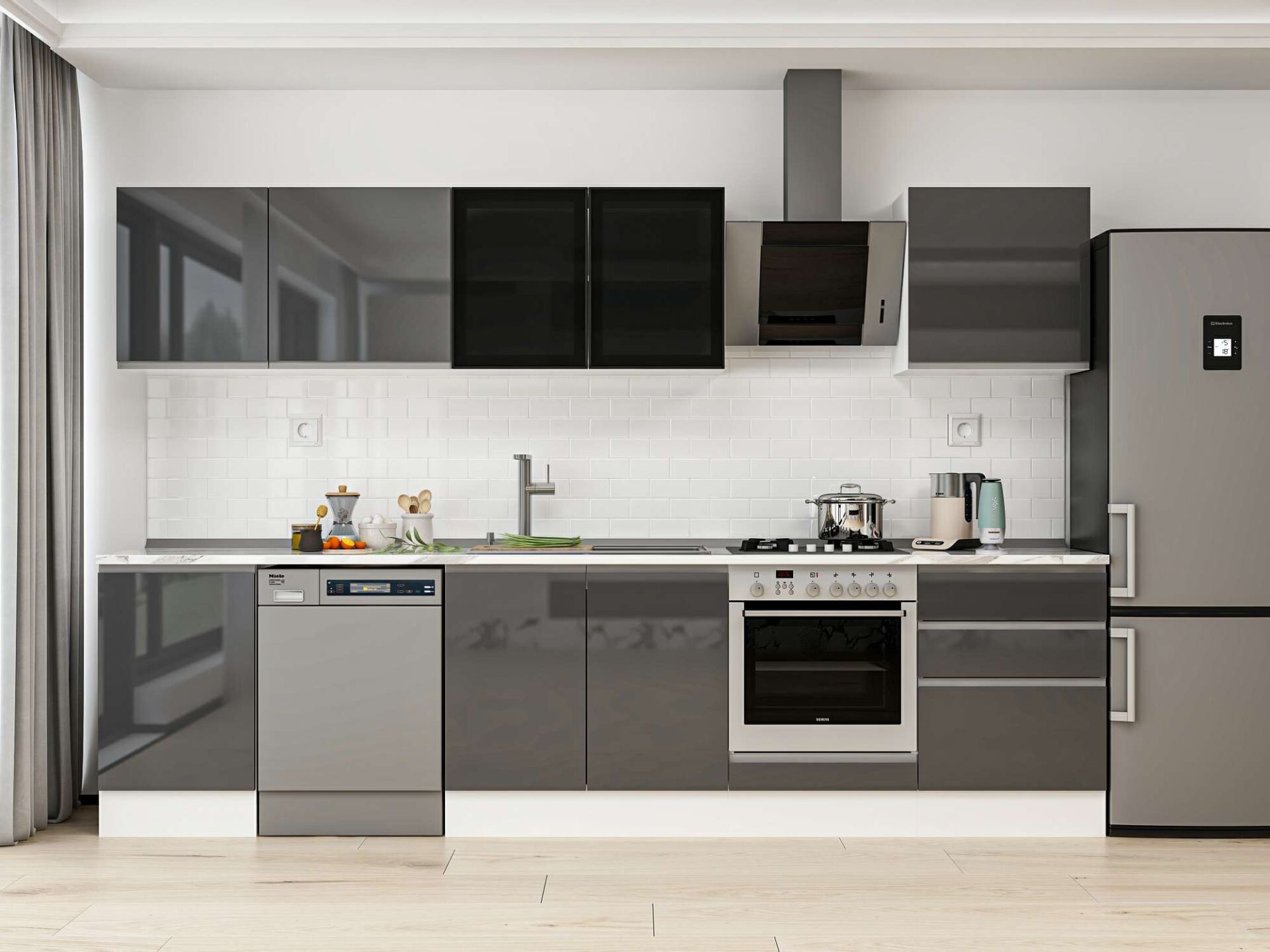 Alvinka 310X210 Cm High Gloss Mutfak Dolabı M-E80S50S60-3 High Gloss | Antrasit - Mdf