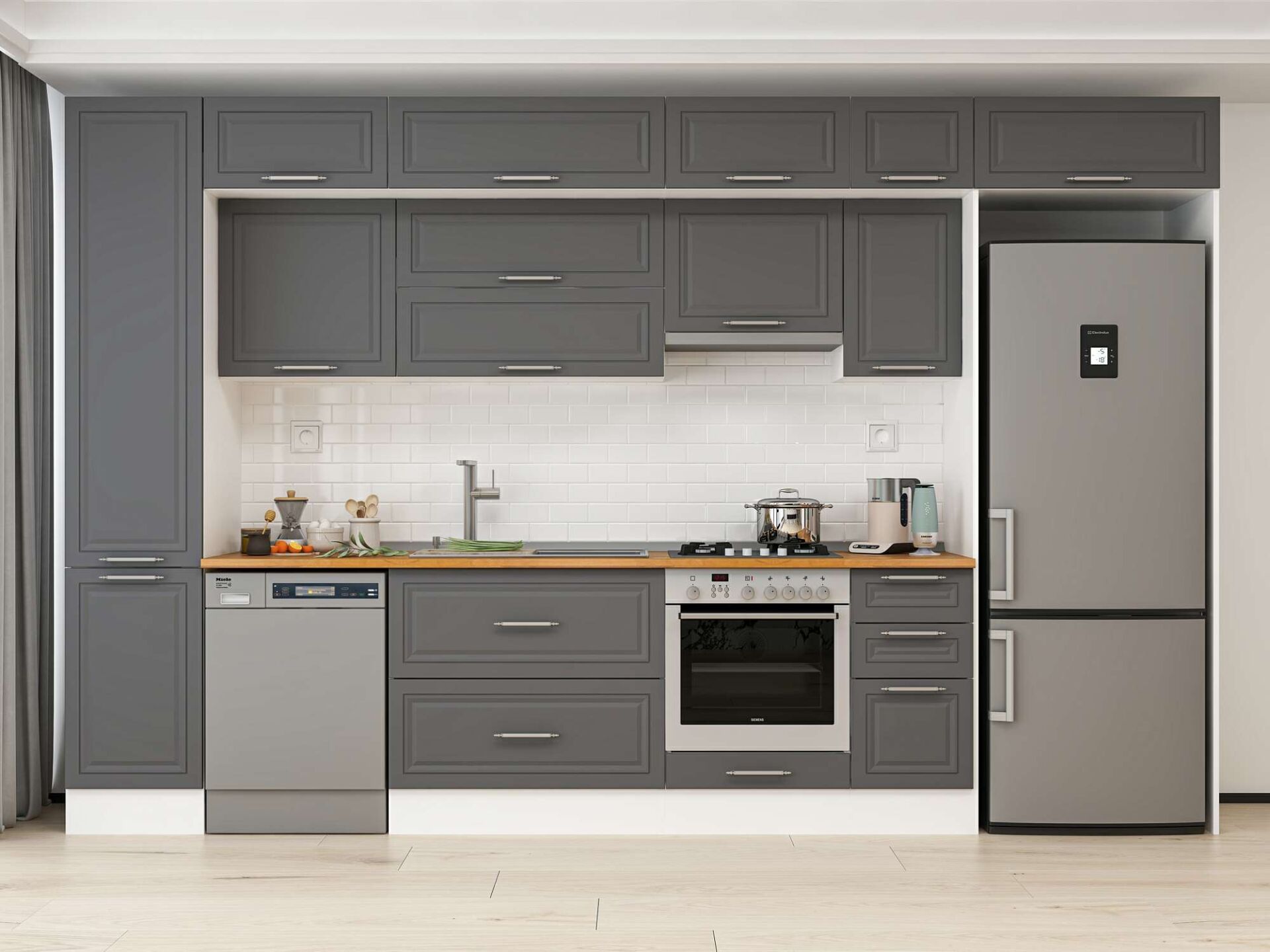 Alvinka 375X240 Cm Klasik Mebran Mutfak Dolabı Beyaz Beyaz Mbb-E90B45S40-1 Mebran | Antrasit - Mdf