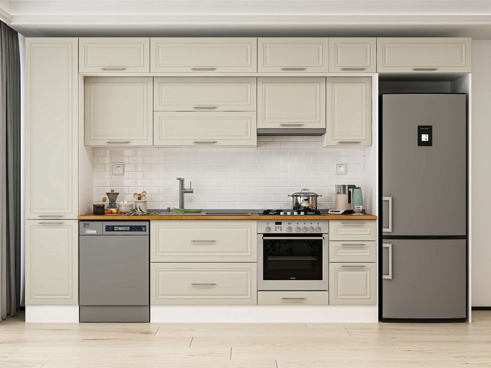 Alvinka 375X240 Cm Klasik Mebran Mutfak Dolabı Beyaz Beyaz Mbb-E90B45S40-1 Mebran | Kumtaşı - Mdf