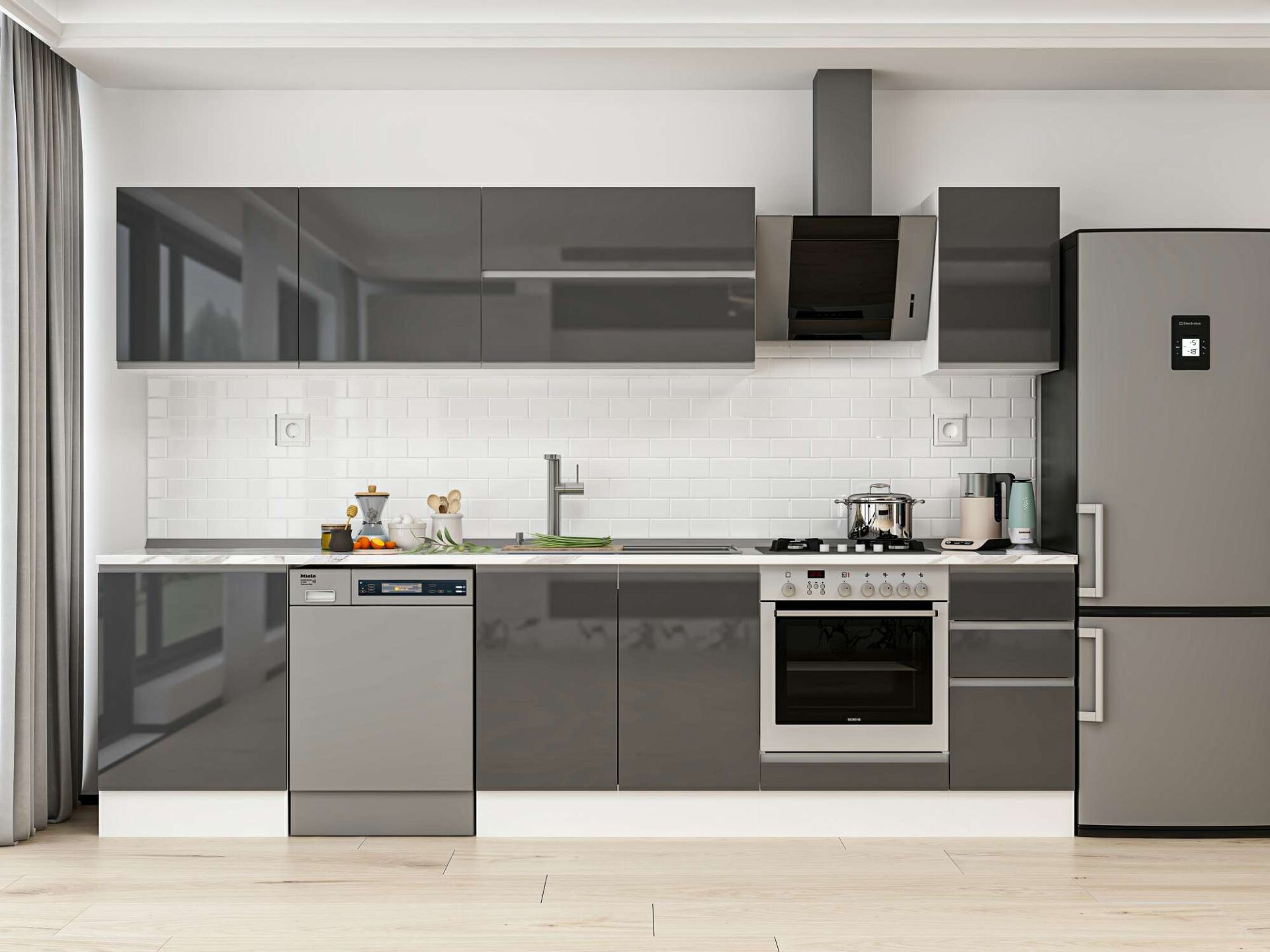 Alvinka 300X210 Cm High Gloss Mutfak Dolabı M-E80S60S40-2 High Gloss | Antrasit - Mdf