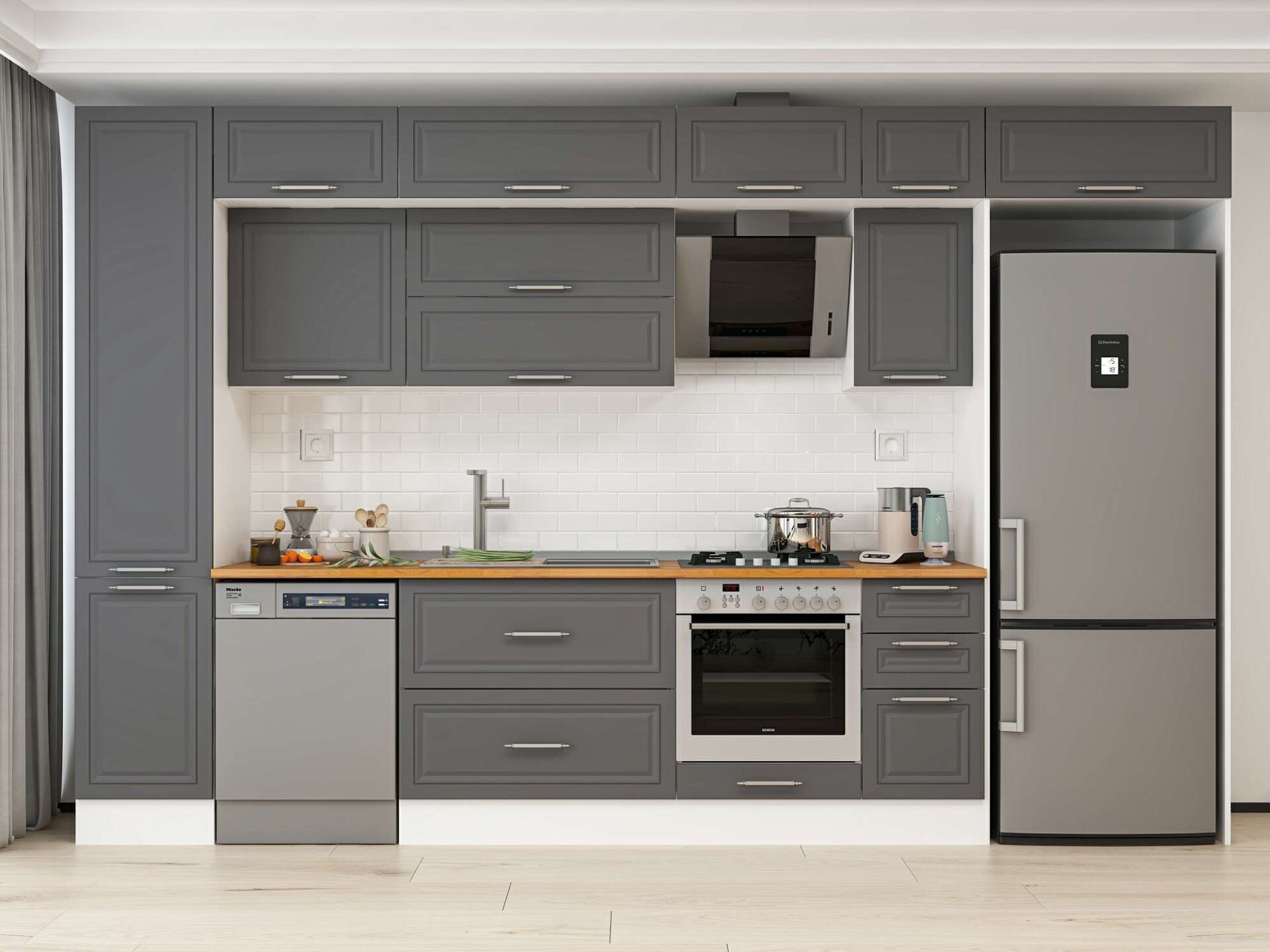 Alvinka 375X240 Cm Klasik Mebran Mutfak Dolabı Beyaz Beyaz Mbb-E90B45S40-2 Mebran | Antrasit - Mdf