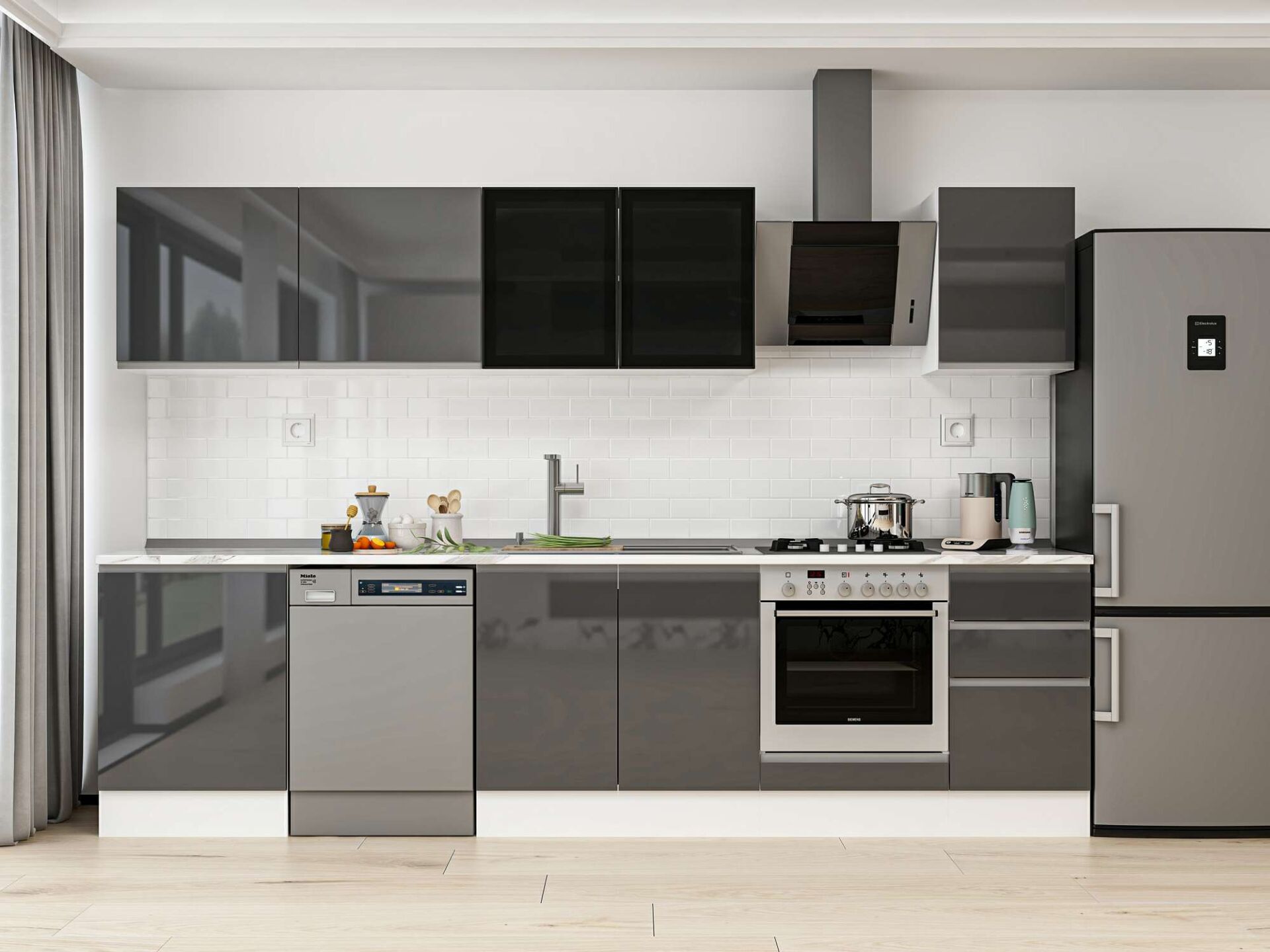 Alvinka 305X210 Cm High Gloss Mutfak Dolabı M-E80S60S45-3 High Gloss | Antrasit - Suntalam