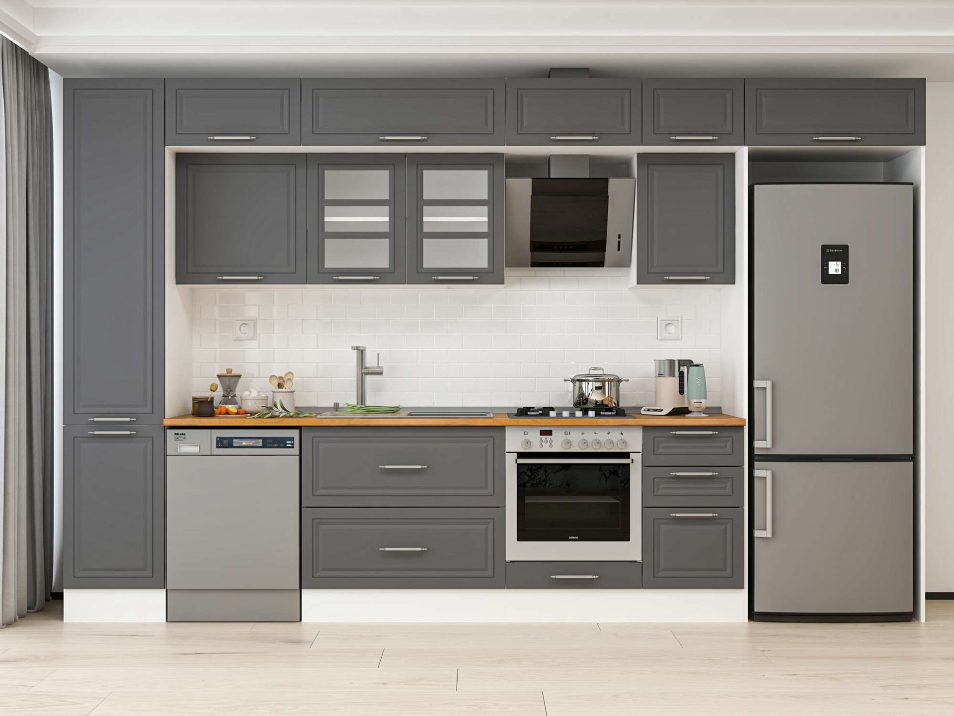 Alvinka 380X240 Cm Klasik Mebran Mutfak Dolabı Beyaz Beyaz Mbb-E90B45S45-3 Mebran | Antrasit - Mdf