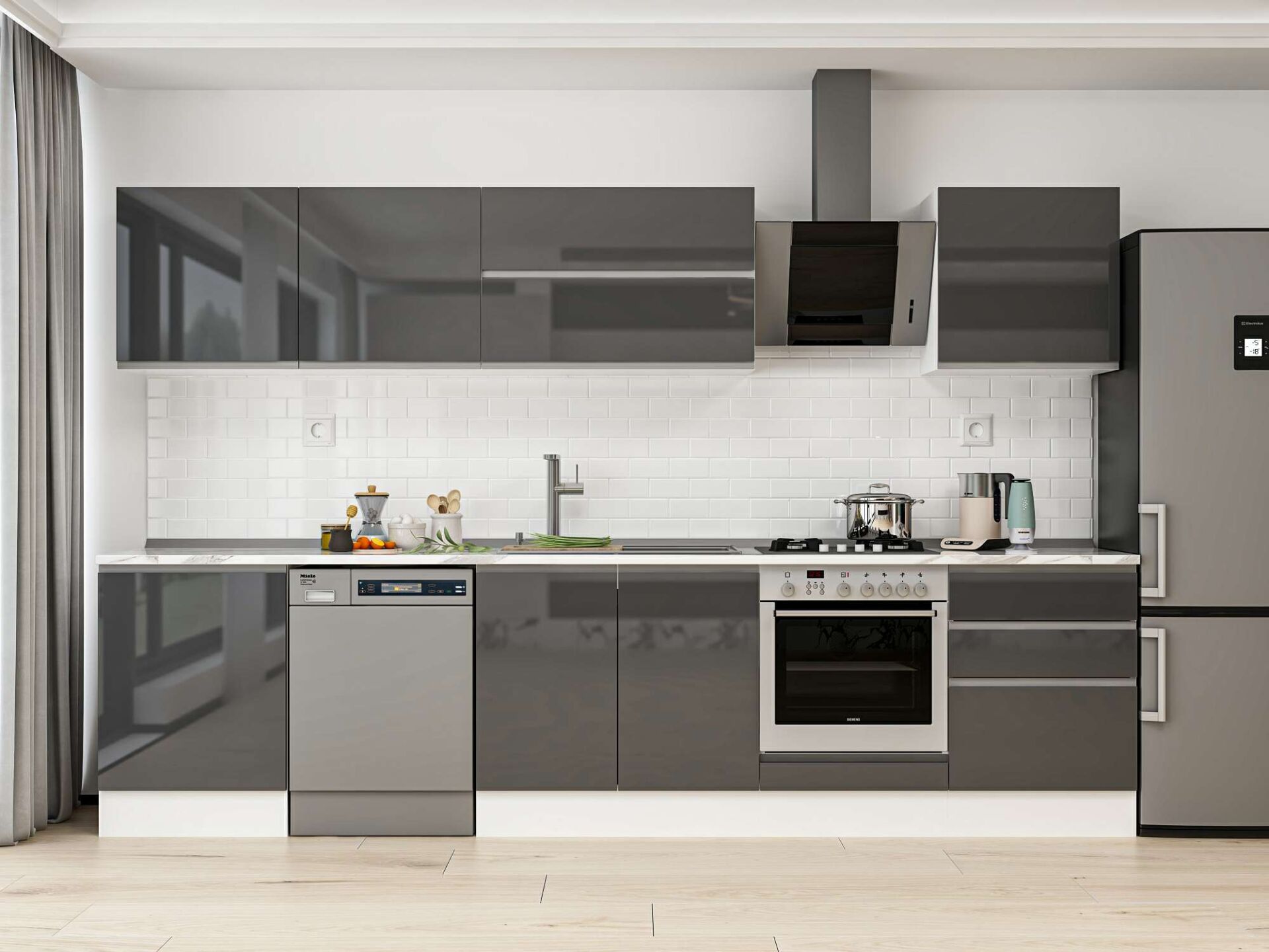 Alvinka 320X210 Cm High Gloss Mutfak Dolabı M-E80S60S60-2 High Gloss | Antrasit - Mdf