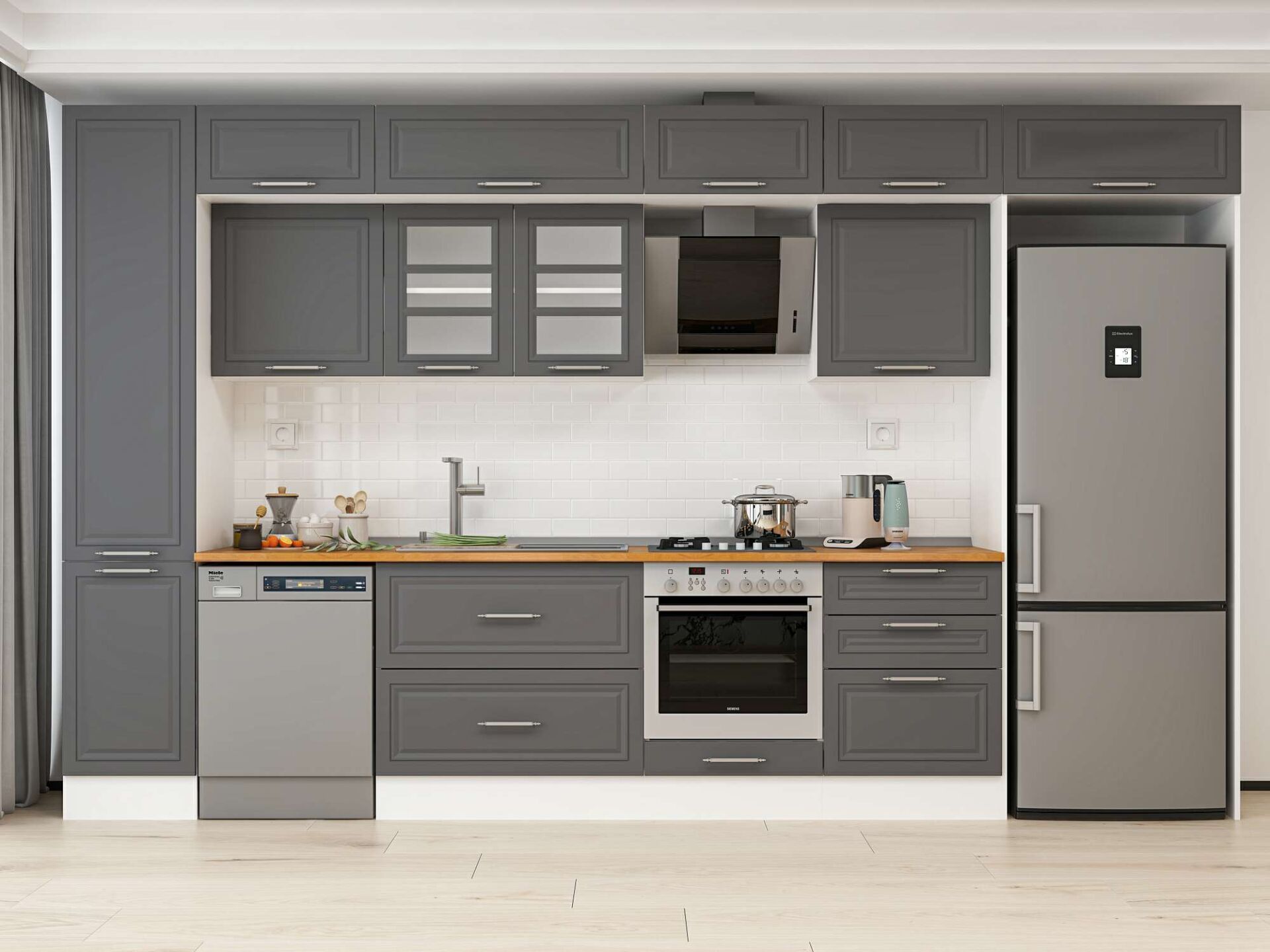 Alvinka 395X240 Cm Klasik Mebran Mutfak Dolabı Beyaz Beyaz Mbb-E90B45S60-3 Mebran | Antrasit - Suntalam