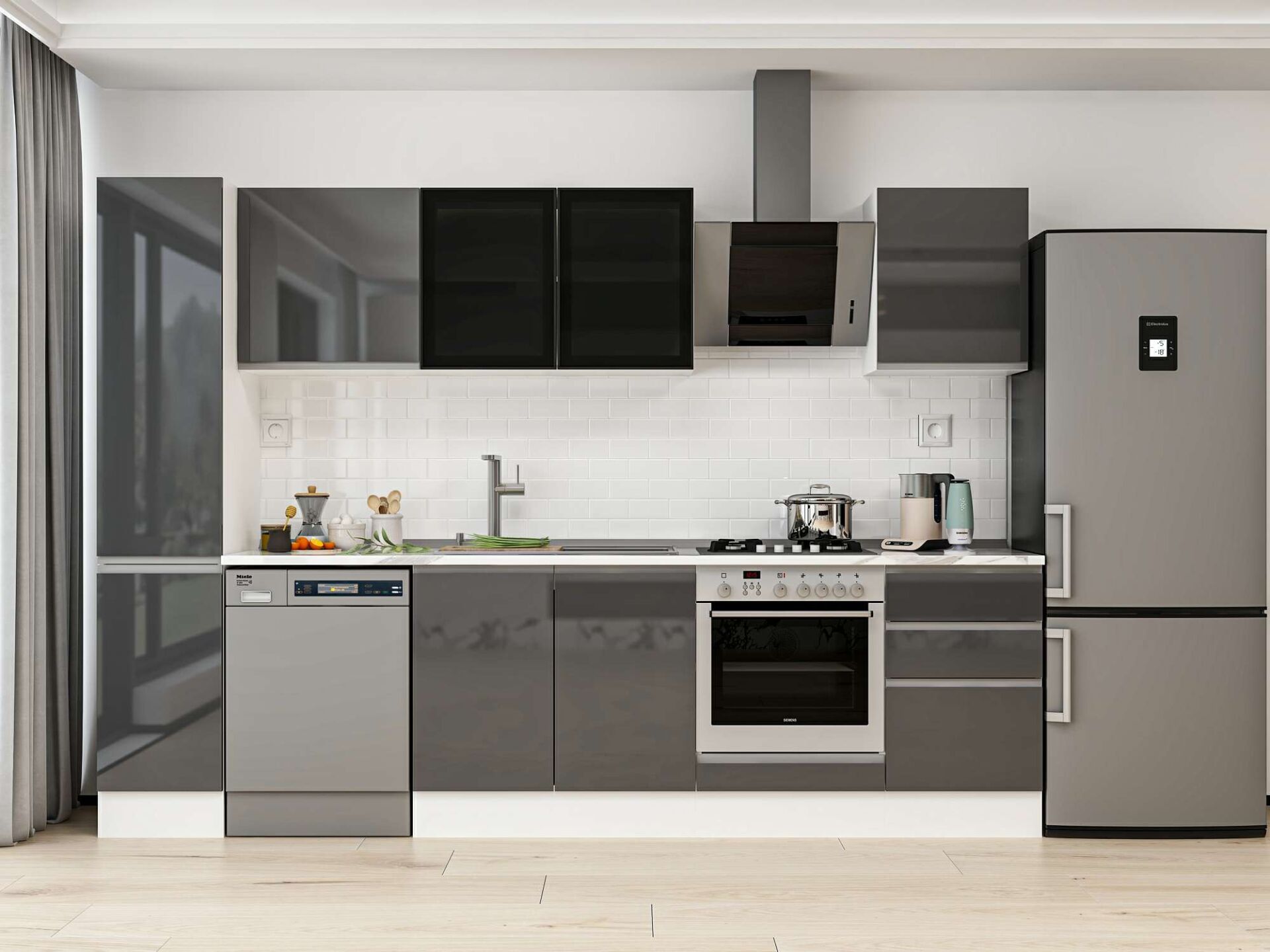 Alvinka 290X210 Cm High Gloss Mutfak Dolabı Mb-E80B40S50-3 High Gloss | Antrasit - Suntalam