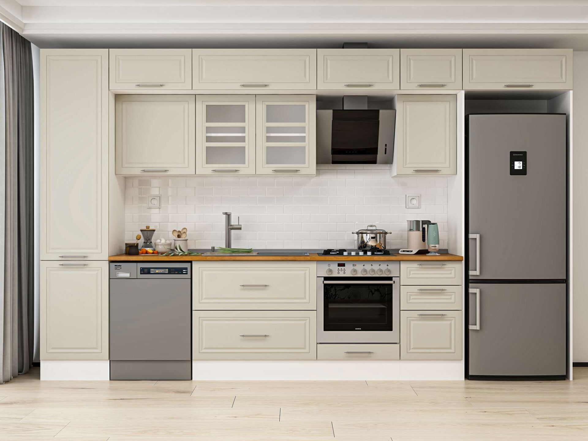 Alvinka 385X240 Cm Klasik Mebran Mutfak Dolabı Beyaz Beyaz Mbb-E90B50S45-3 Mebran | Kumtaşı - Mdf