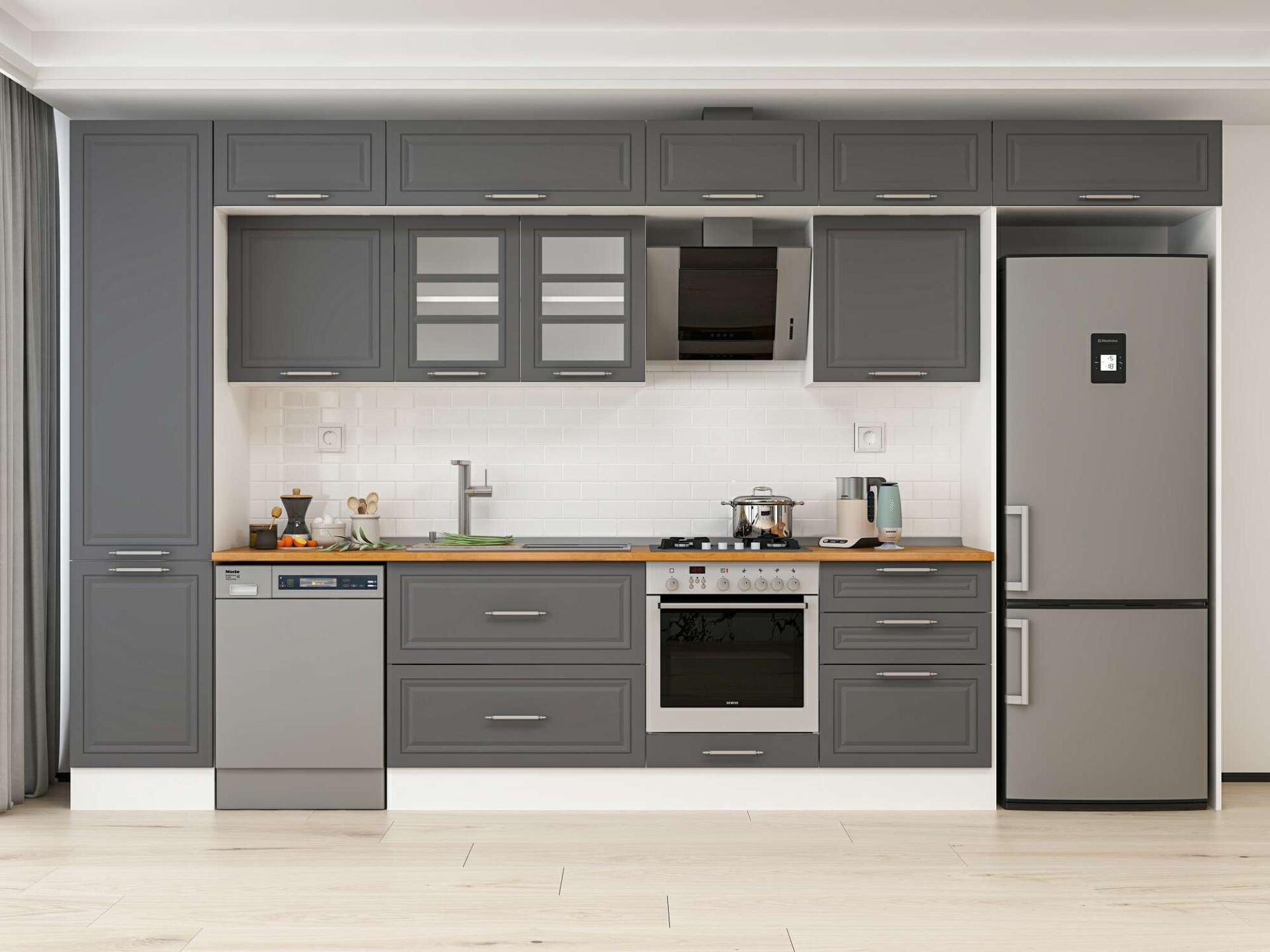 Alvinka 400X240 Cm Klasik Mebran Mutfak Dolabı Beyaz Beyaz Mbb-E90B50S60-3 Mebran | Antrasit - Mdf