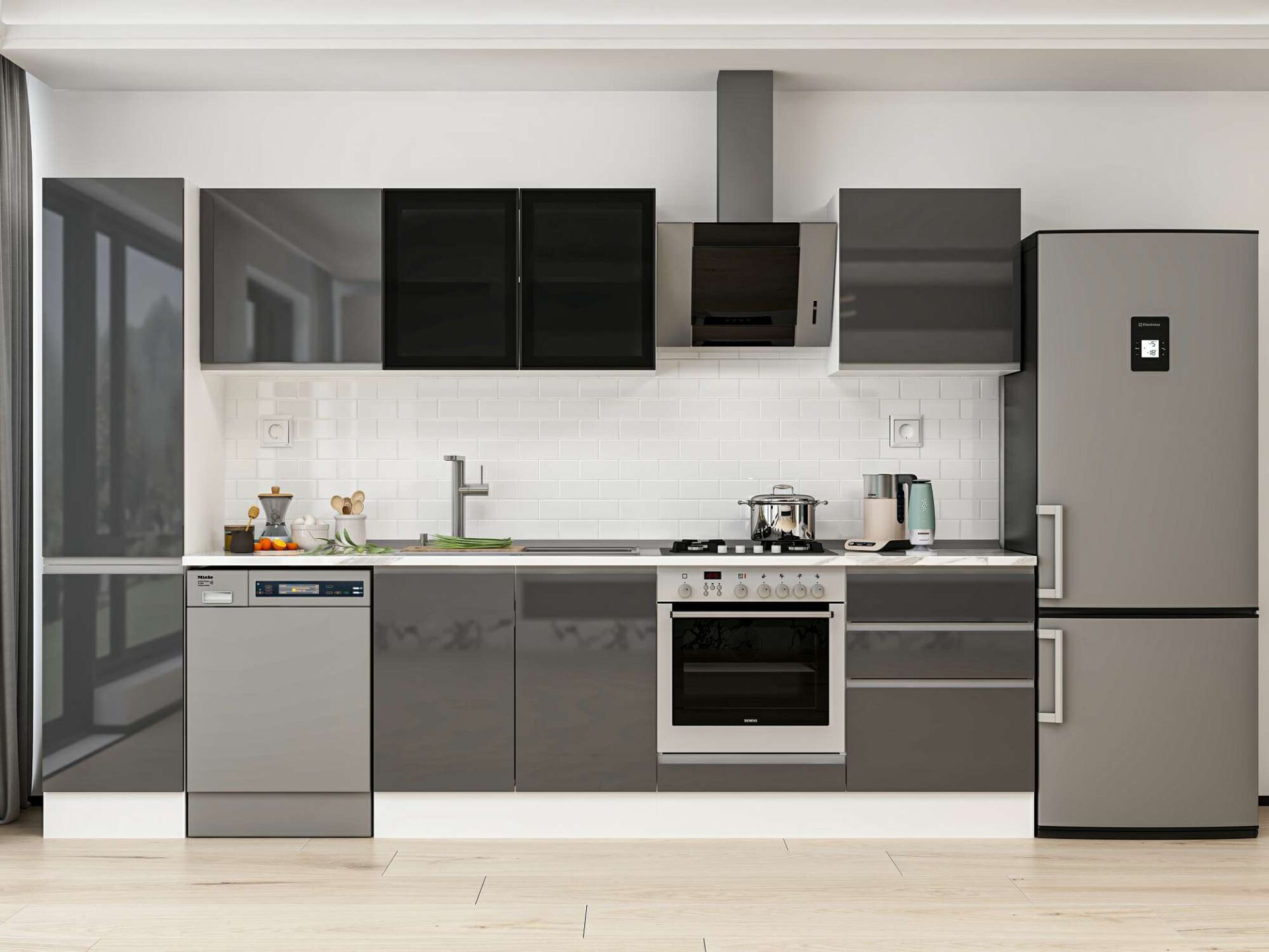 Alvinka 305X210 Cm High Gloss Mutfak Dolabı Mb-E80B45S60-3 High Gloss | Antrasit - Mdf