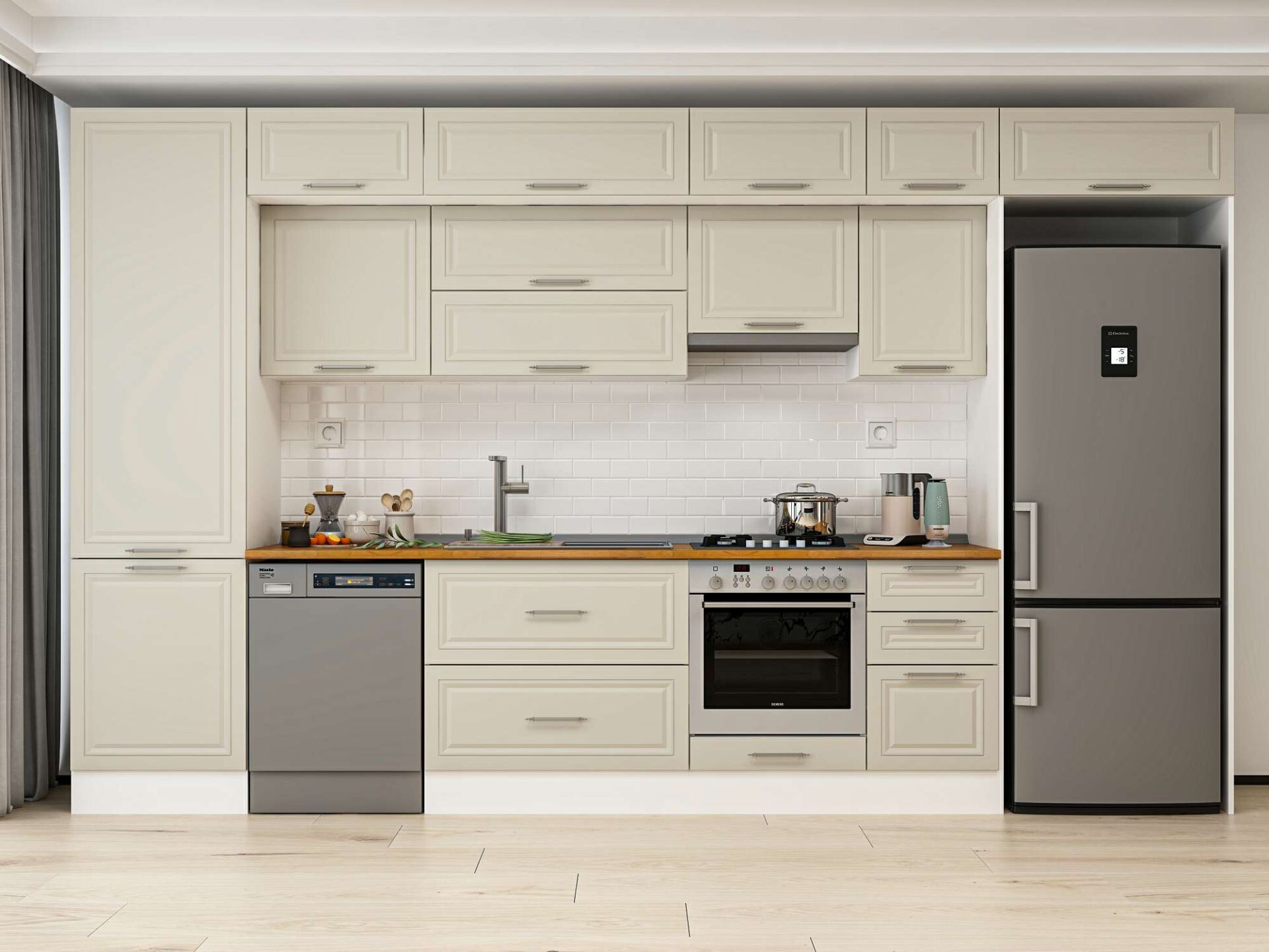 Alvinka 395X240 Cm Klasik Mebran Mutfak Dolabı Beyaz Beyaz Mbb-E90B60S45-1 Mebran | Kumtaşı - Mdf