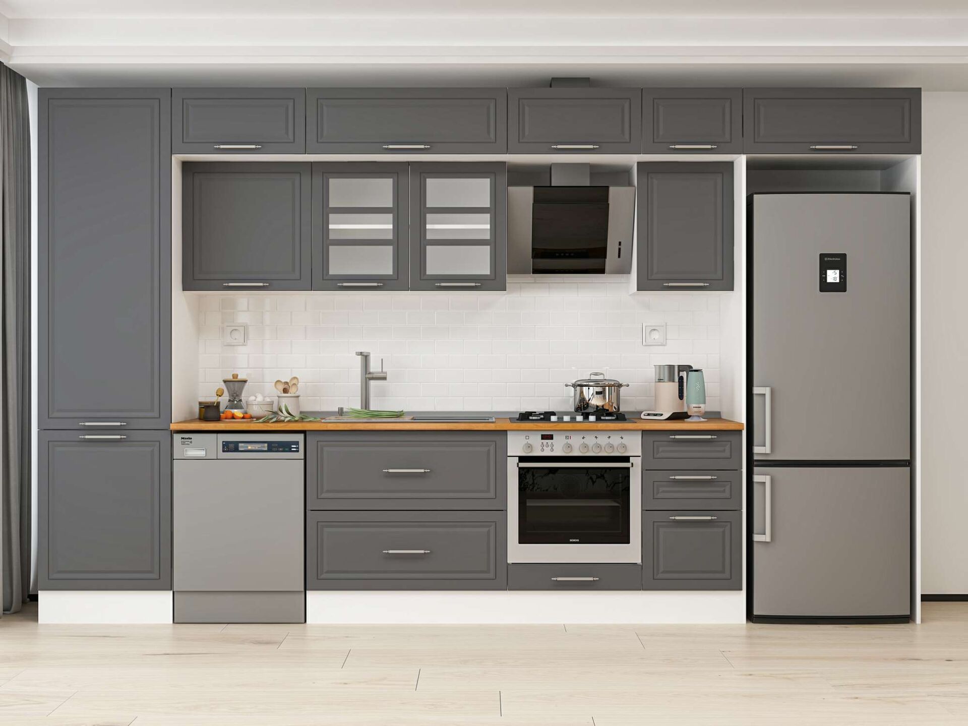 Alvinka 395X240 Cm Klasik Mebran Mutfak Dolabı Beyaz Beyaz Mbb-E90B60S45-3 Mebran | Antrasit - Mdf