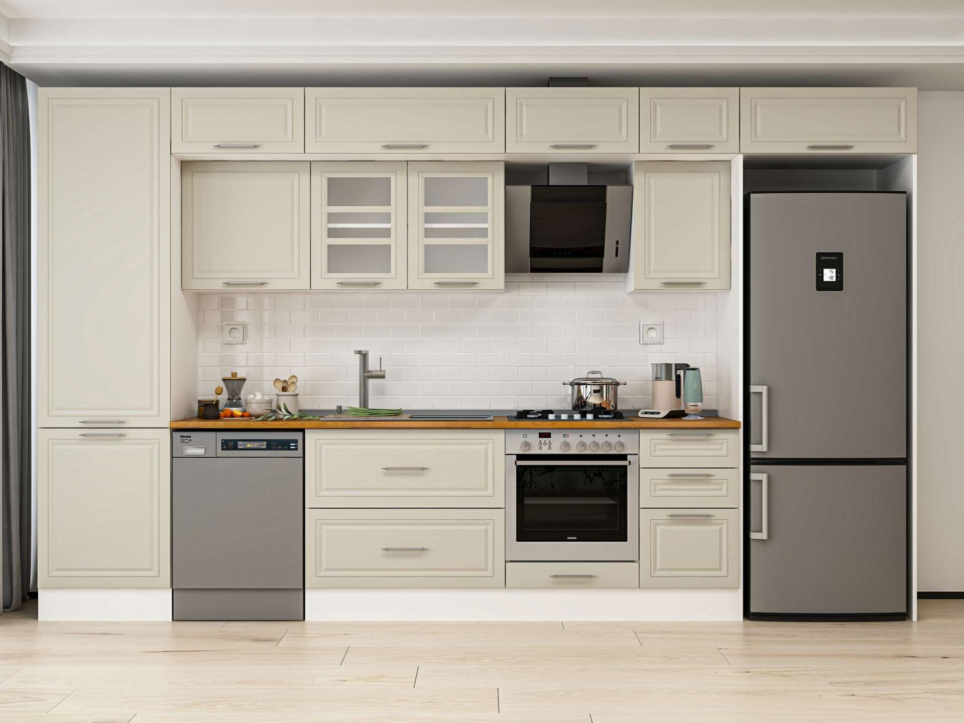 Alvinka 395X240 Cm Klasik Mebran Mutfak Dolabı Beyaz Beyaz Mbb-E90B60S45-3 Mebran | Kumtaşı - Mdf