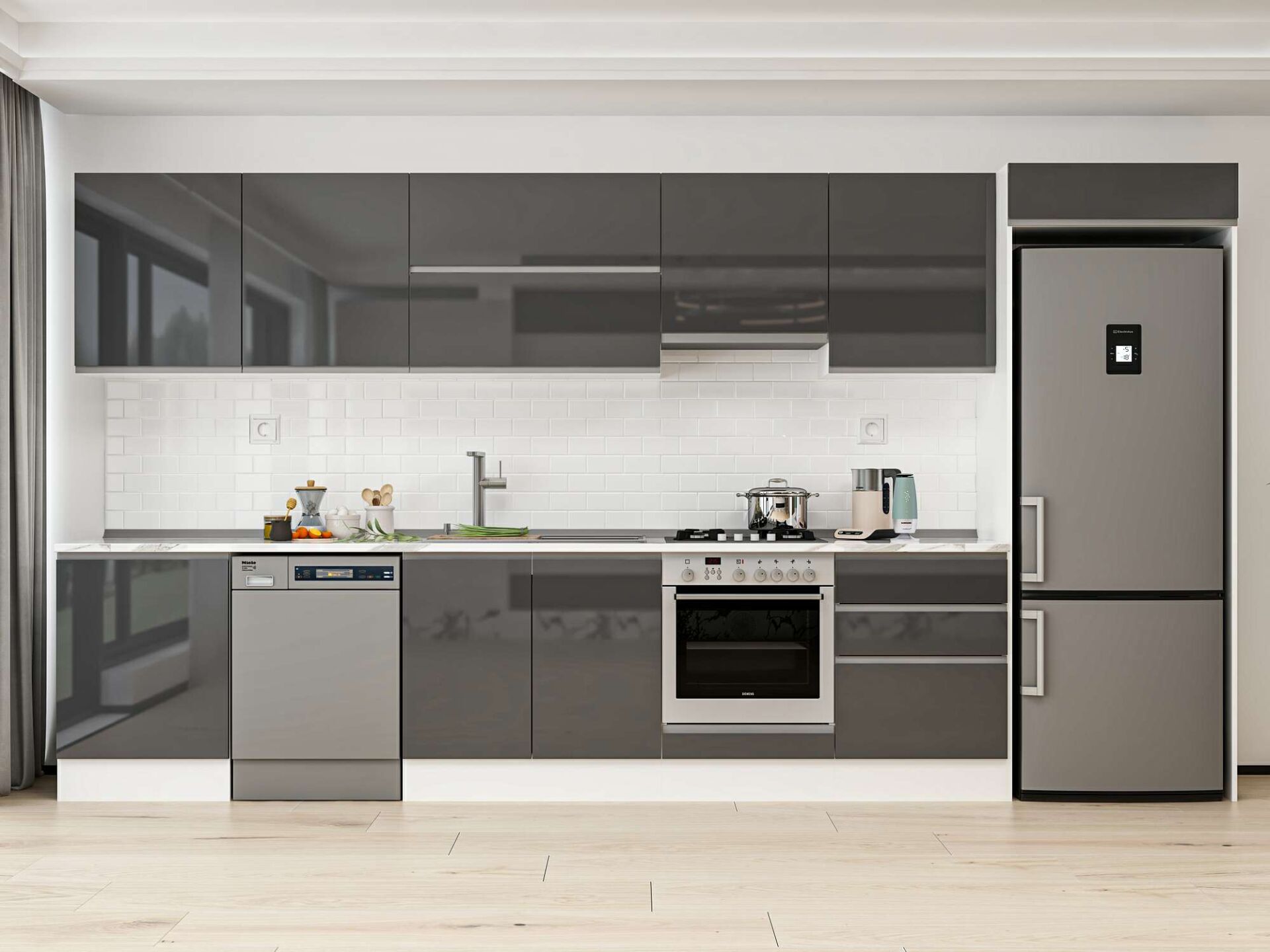 Alvinka 410X222 Cm High Gloss Mutfak Dolabı Mb-E90S60S60-1 High Gloss | Antrasit - Mdf