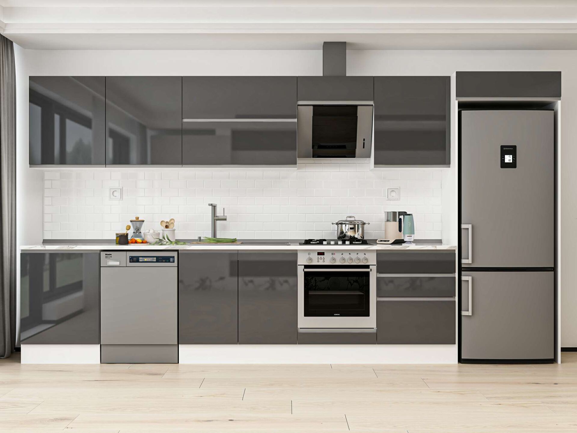 Alvinka 410X222 Cm High Gloss Mutfak Dolabı Mb-E90S60S60-2 High Gloss | Antrasit - Mdf