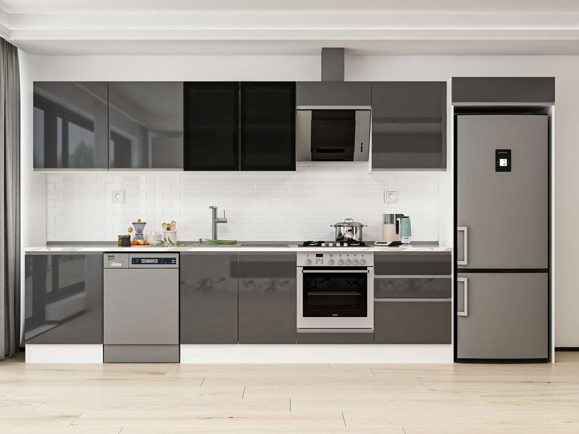 Alvinka 410X222 Cm High Gloss Mutfak Dolabı Mb-E90S60S60-3 High Gloss | Antrasit - Suntalam