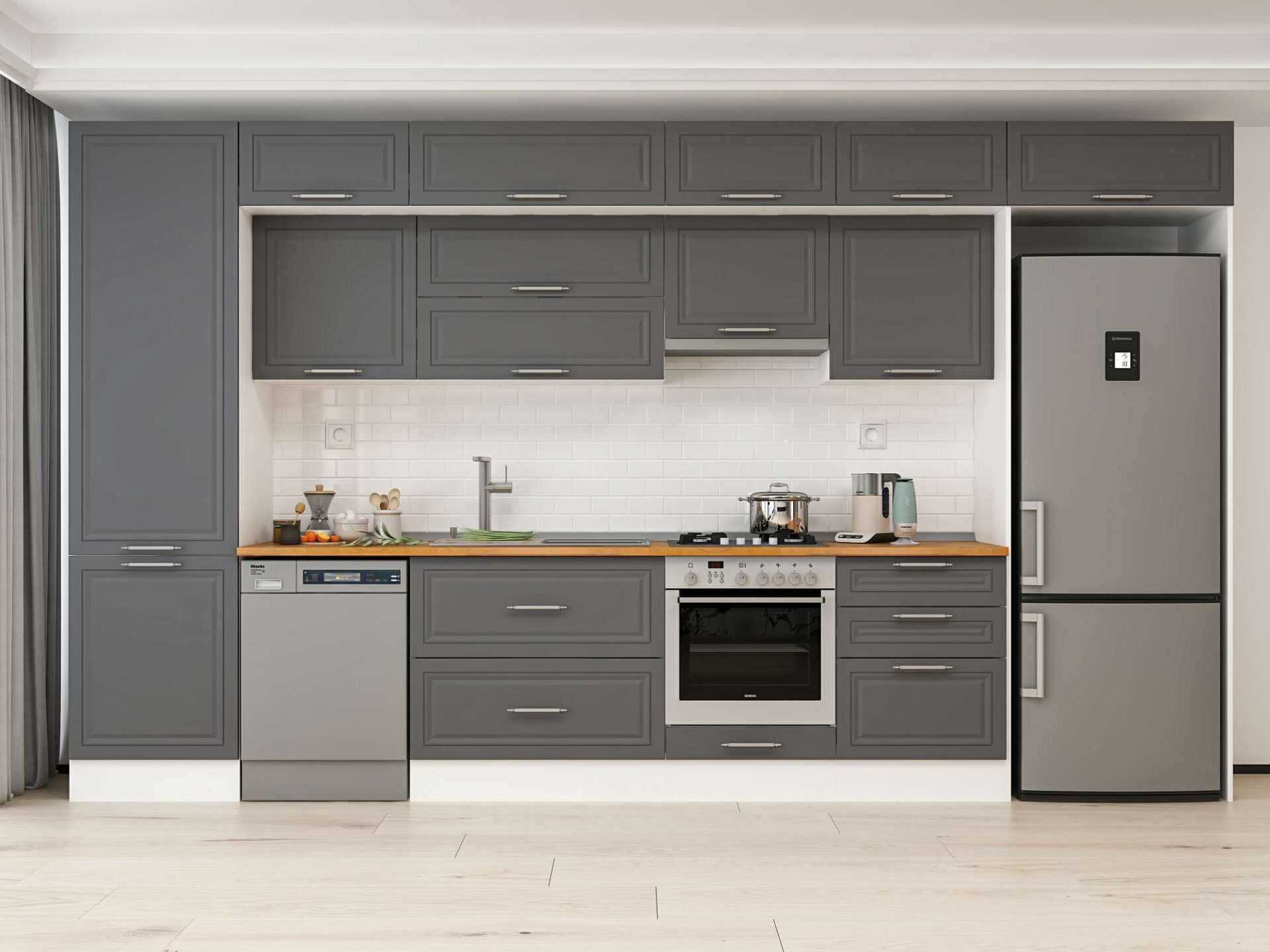 Alvinka 410X240 Cm Klasik Mebran Mutfak Dolabı Beyaz Beyaz Mbb-E90B60S60-1 Mebran | Antrasit - Mdf