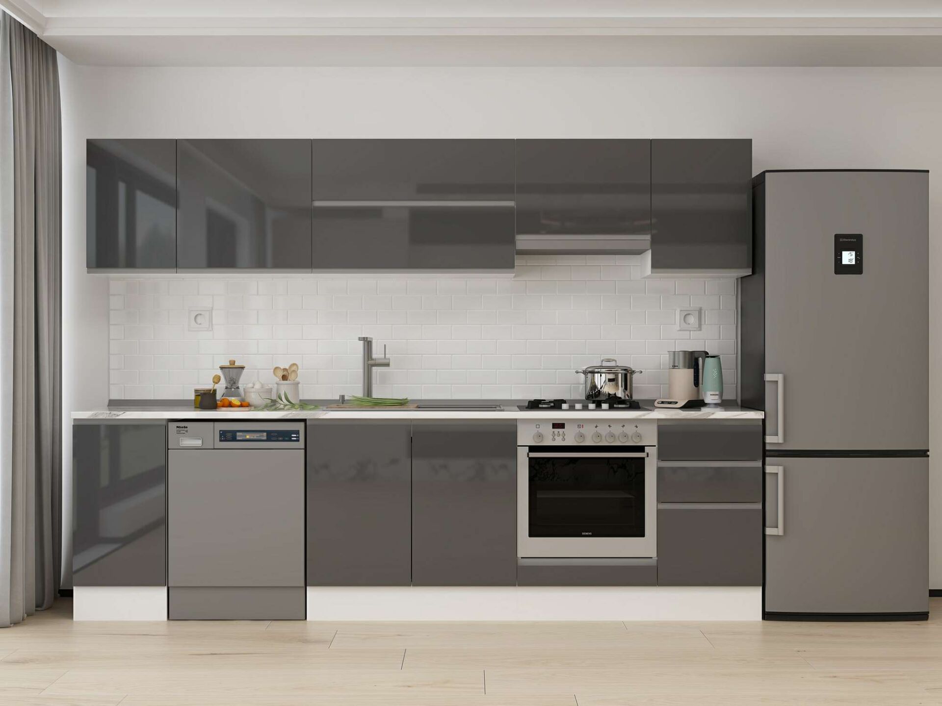 Alvinka 295X210 Cm High Gloss Mutfak Dolabı M-E90S40S45-1 High Gloss | Antrasit - Mdf