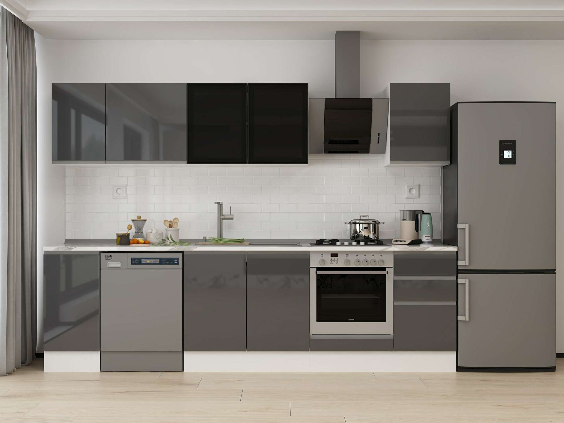 Alvinka 295X210 Cm High Gloss Mutfak Dolabı M-E90S40S45-3 High Gloss | Antrasit - Suntalam