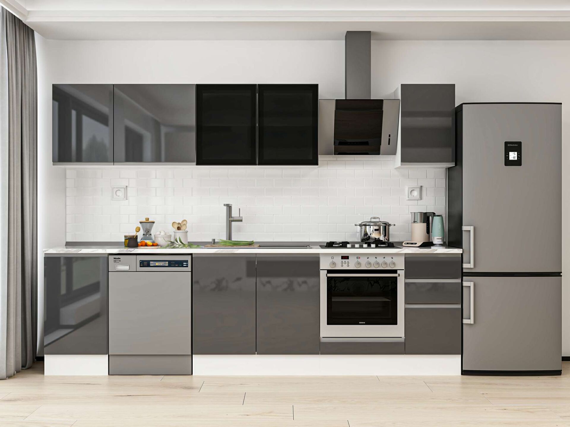 Alvinka 295X210 Cm High Gloss Mutfak Dolabı M-E90S45S40-3 High Gloss | Antrasit - Mdf