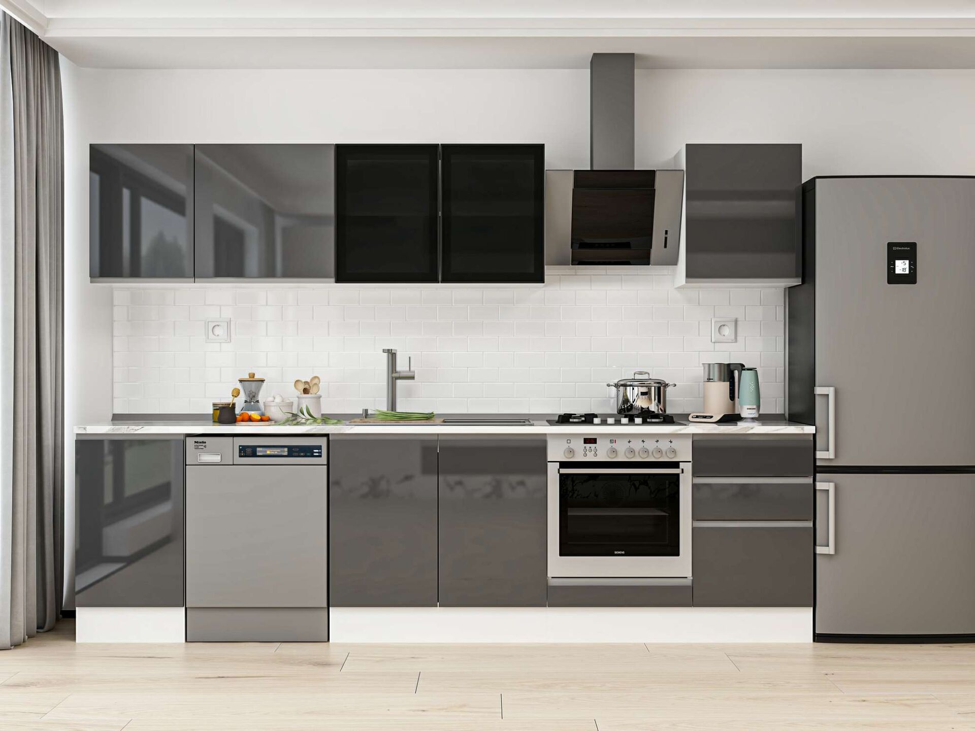 Alvinka 305X210 Cm High Gloss Mutfak Dolabı M-E90S45S50-3 High Gloss | Antrasit - Mdf