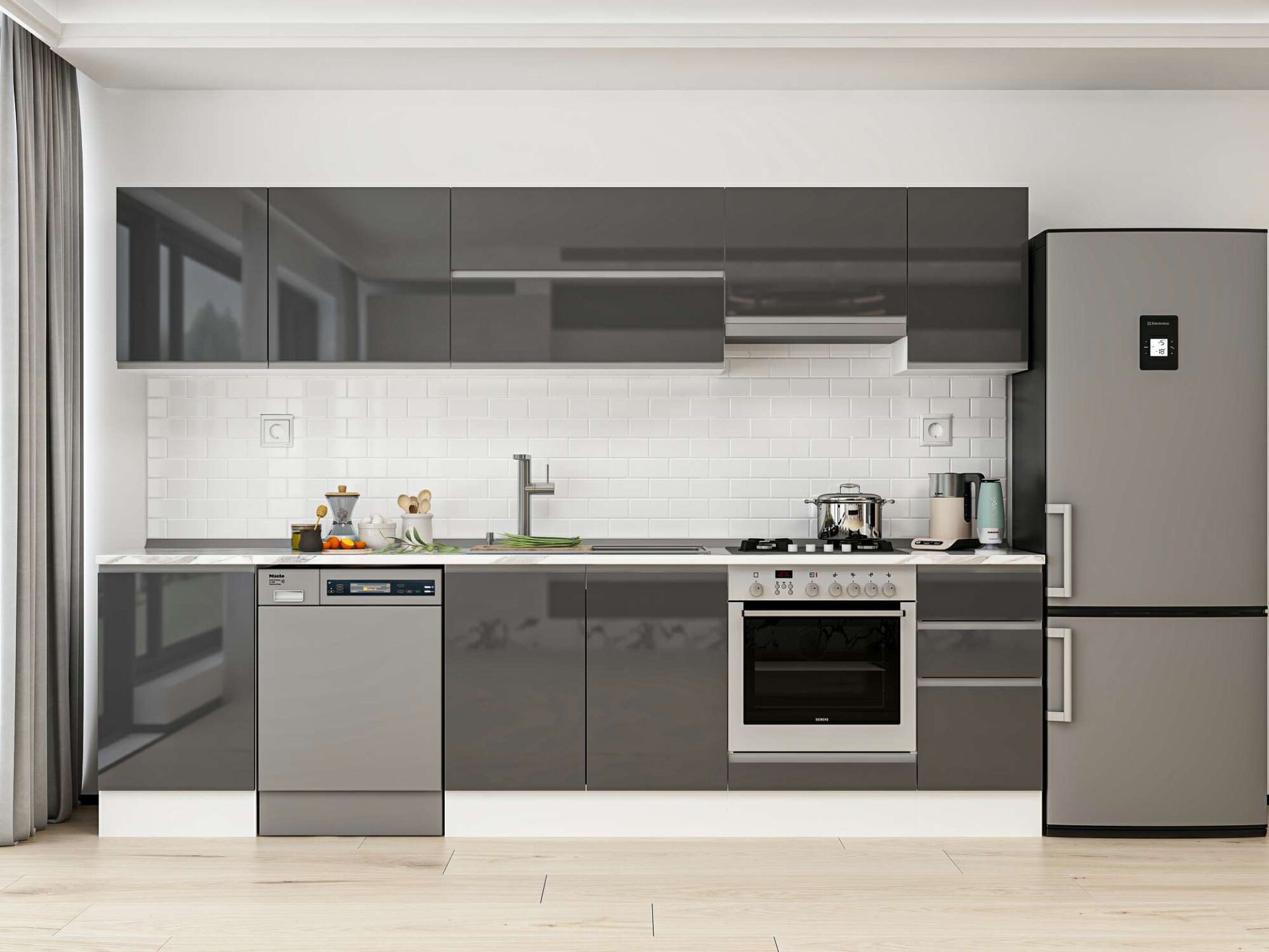 Alvinka 300X210 Cm High Gloss Mutfak Dolabı M-E90S50S40-1 High Gloss | Antrasit - Mdf