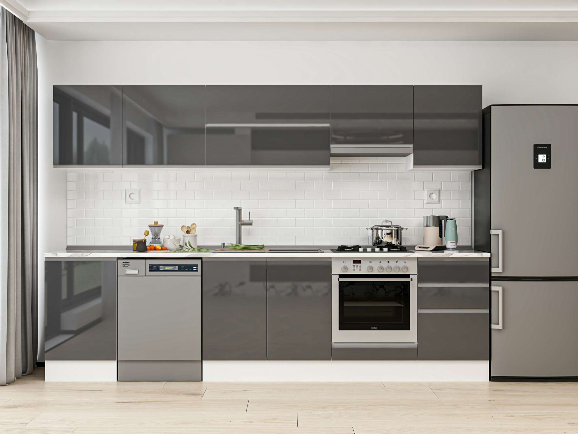 Alvinka 310X210 Cm High Gloss Mutfak Dolabı M-E90S50S50-1 High Gloss | Antrasit - Suntalam